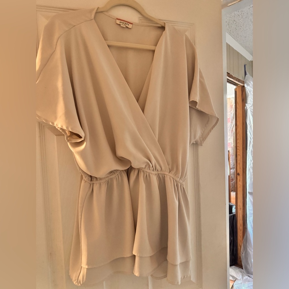 Aritzia Cream V-Neck Peplum Blouse